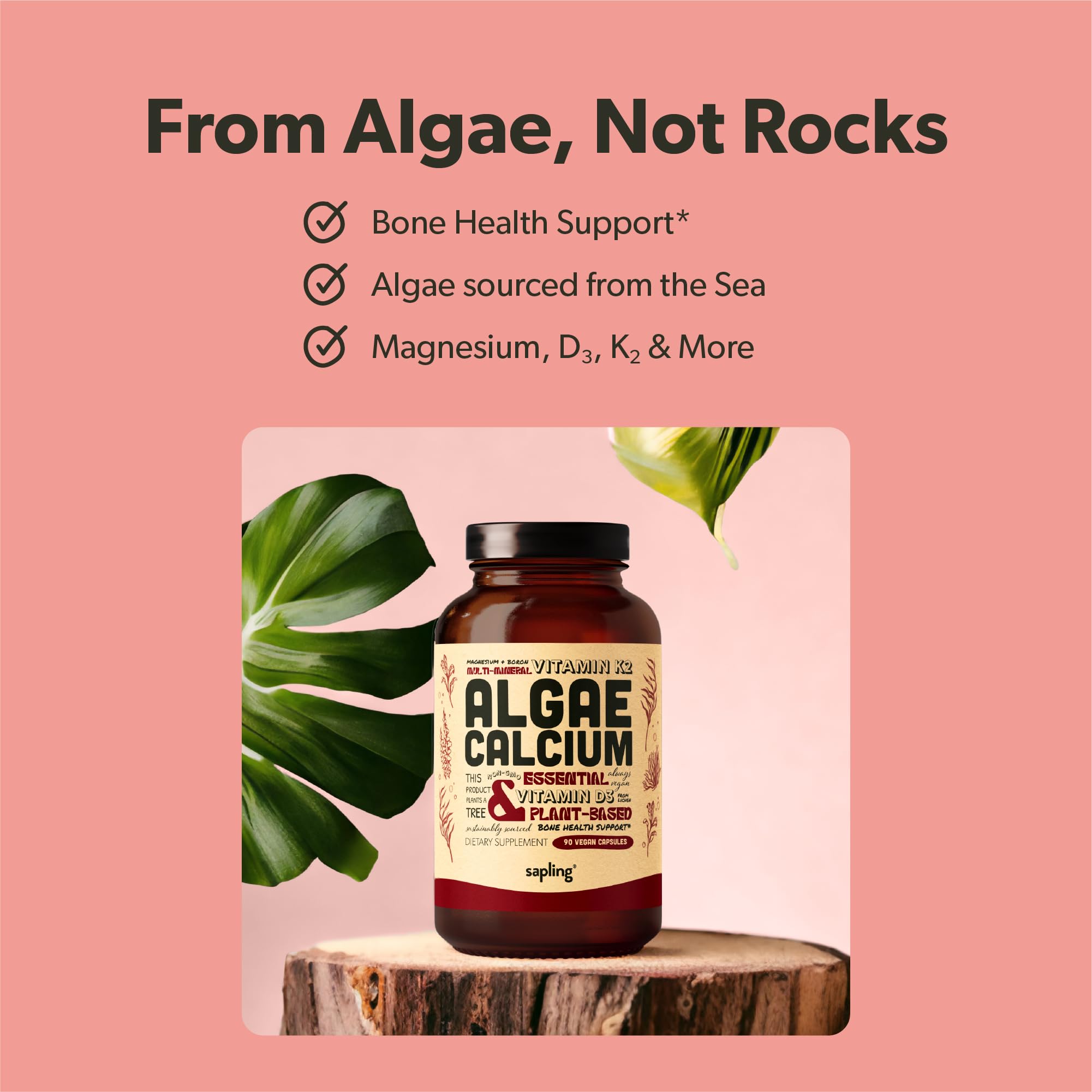 sapling Calcium Supplement - Whole Food with Vitamin K2 & D3, Magnesium, Zinc, Boron, Mineral Complex. Sourced Sustainably from Red Algae. for Bone Strength