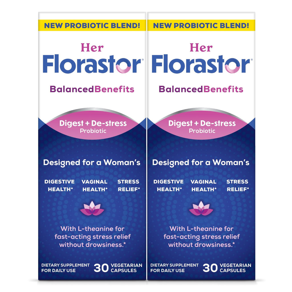 Florastor Probiotics for Women, Digest and De-Stress, Probiotics for Digestive Health, Vaginal Probiotic, and L-Theanine for Mind and Body Wellness, 60 Capsules