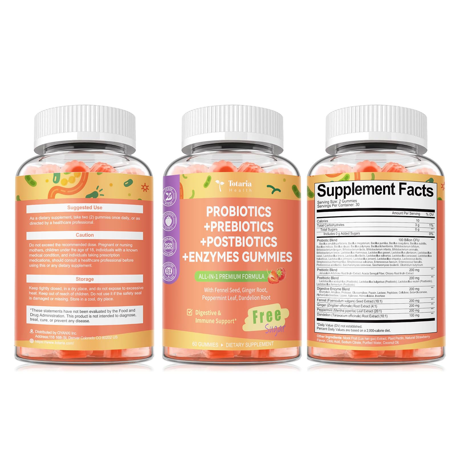 (2 Packs) Totaria Sugar Free 5-in-1 Probiotic Prebiotic Postbiotic Gummy, Probiotics for Women Men with Digestive Enzymes, Peppermint, Complete Immune, Gut & Digestive Support, Vegan Strawberry Flavor