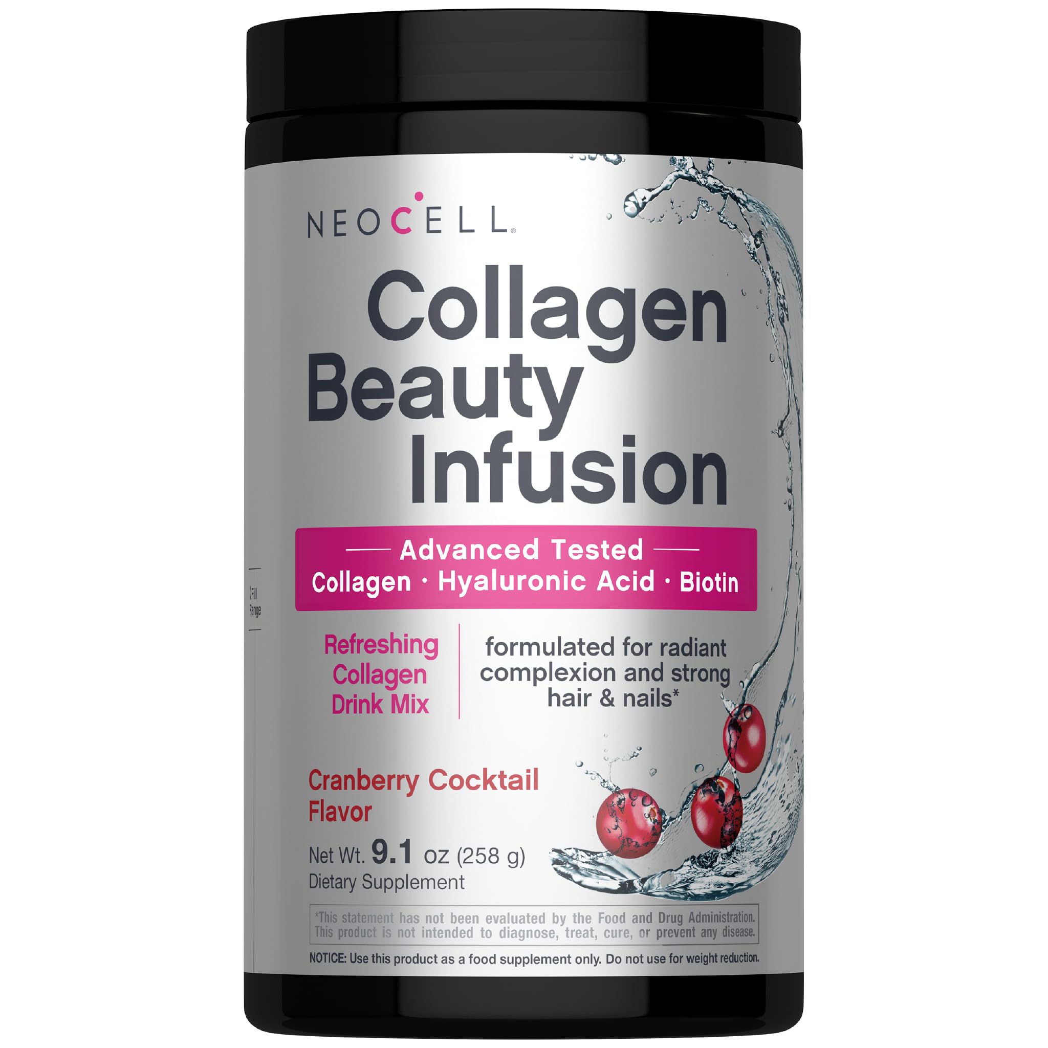 NeoCell Collagen Peptides Powder | 9.1 oz | Grass Fed Bovine | with Biotin and Hyaluronic Acid | Cranberry Cocktail Flavored