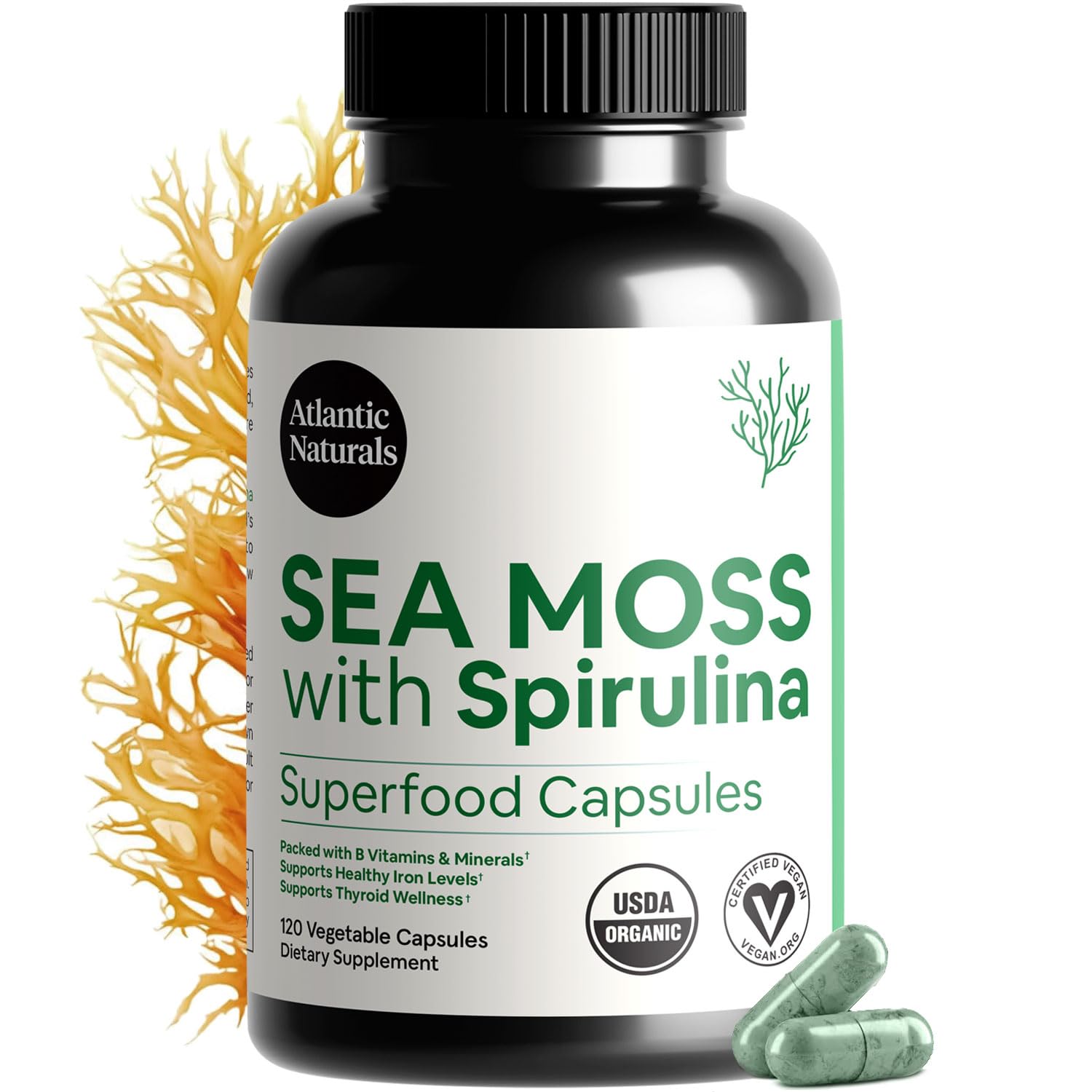 Atlantic Naturals Sea Moss with Spirulina Superfood Capsules - Multivitamin Supplement Supports Healthy Iron and Immune Health, Alternative to Seamoss Gel and Powder