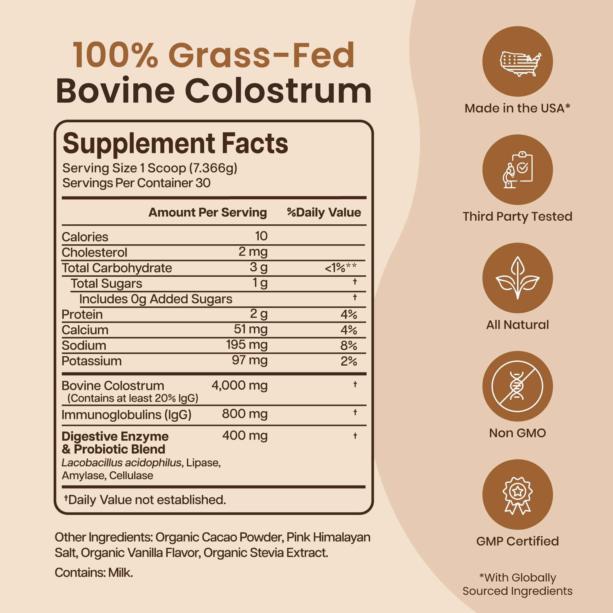Baese Nutrition Organic Chocolate 4000mg Grass Fed Bovine Colostrum Powder + Probiotics Colostrum Supplement for Kids