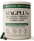 Supplement container labeled 'MAGPLUS+' with text about sleep support on a white background