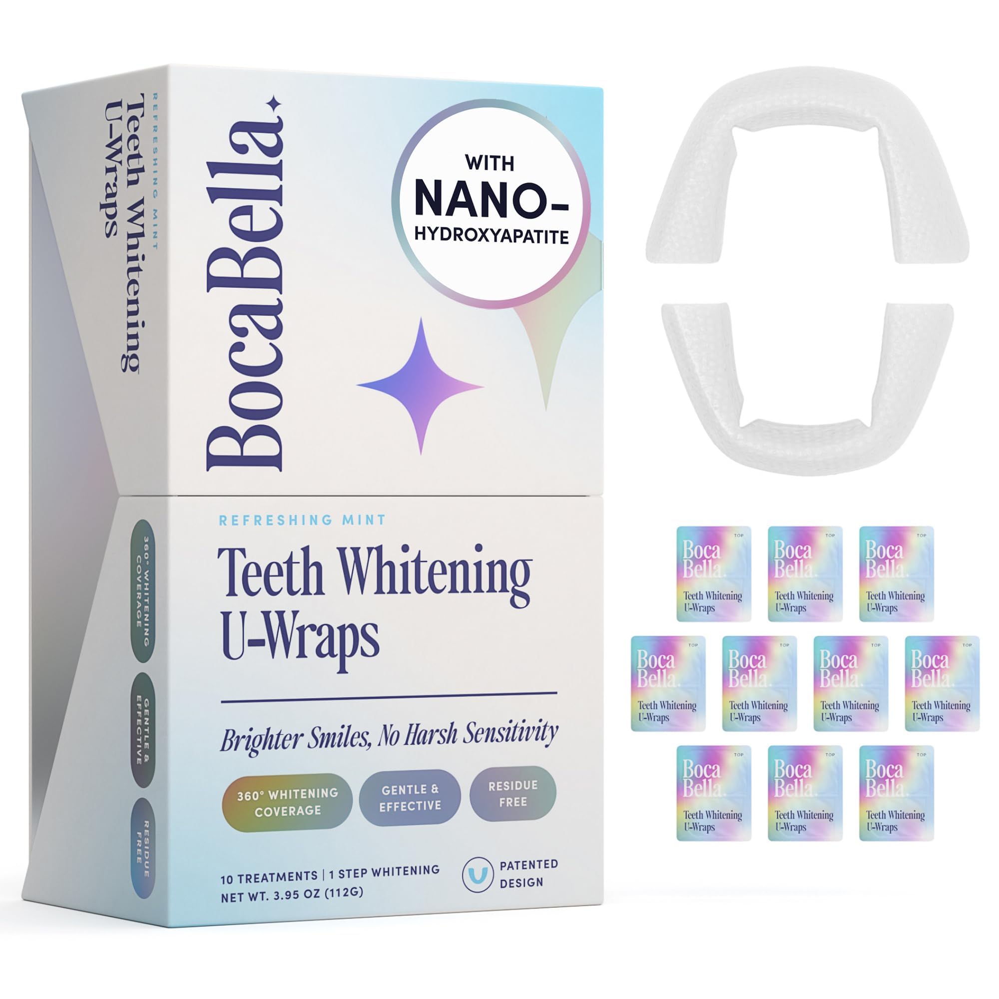 BocaBella Teeth Whitening Trays U-Wraps - 15% Hydrogen Peroxide Whitening Strips & Tray Alternative - Nano-Hydroxyapatite Enamel Safe - 10 Treatments
