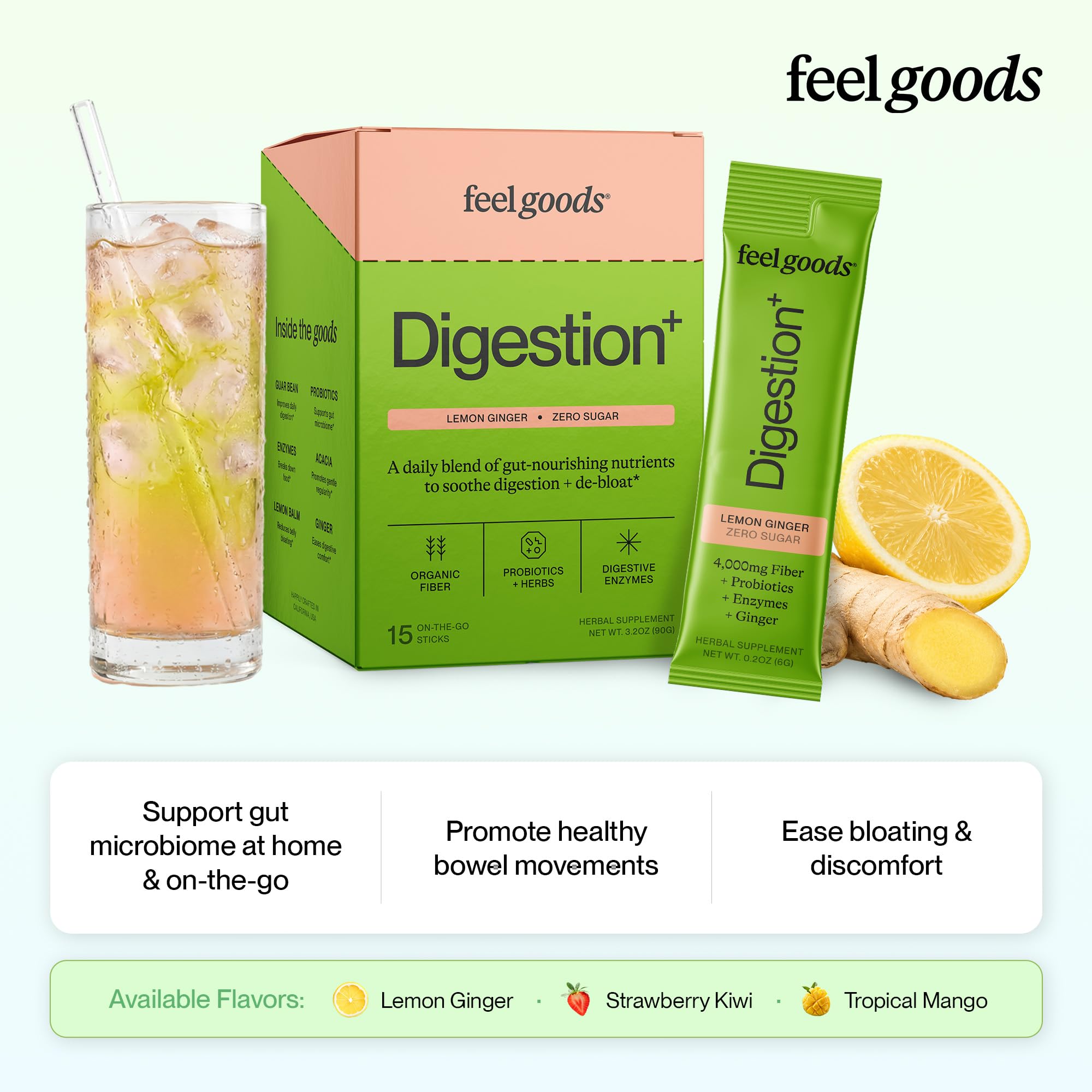 Feel Goods Digestion+, Gut Health, Organic Fiber & Probiotic Drink Mix, Digestive Enzymes for Bloating Relief, Gut Cleanse