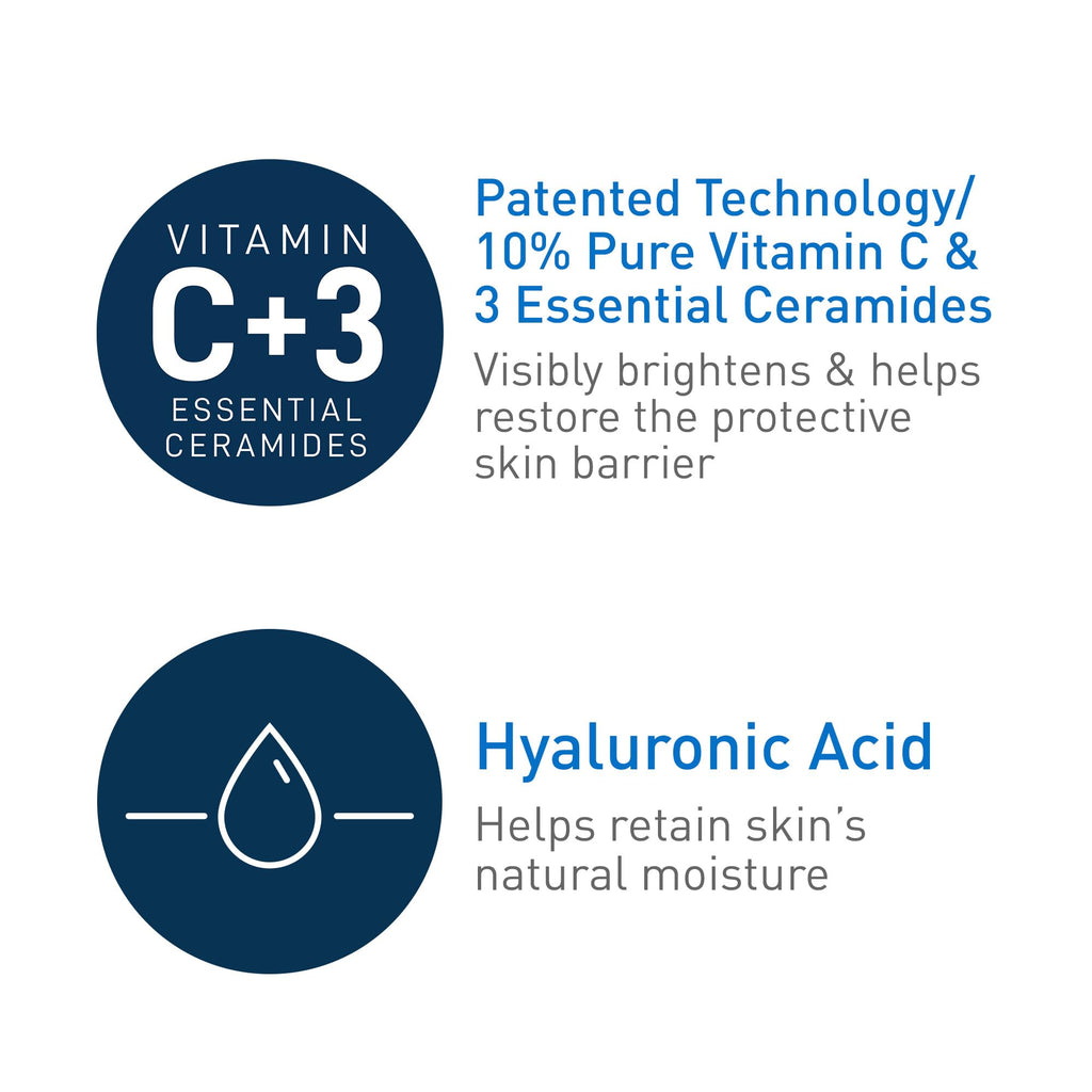 CeraVe Vitamin C Serum for Face with 10% Pure Vitamin C, Hyaluronic Acid & 3 Essential Ceramides, Skin Brightening Antioxidant Serum,