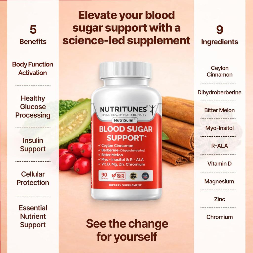 Ceylon Cinnamon (Dihydroberberine) Supplement for Blood Sugar Support with Added Blood Sugar Complex Myo-Inositol Bitter Melon R-ALA VIT. D Chromium Magnesium & Zn– 90 NutriSulin Capsules