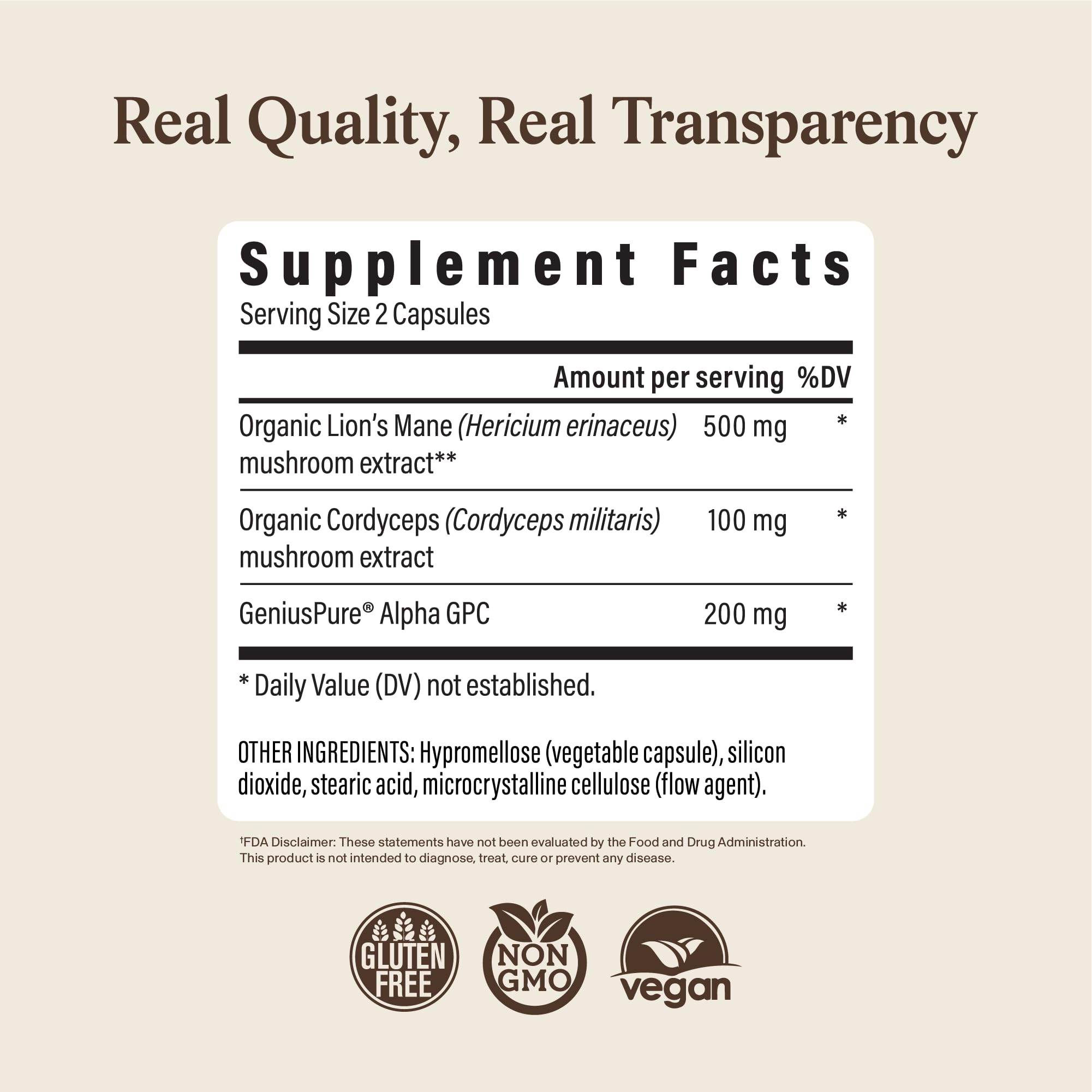 Real Mushrooms Lion’s Mane Focus Capsules (90 Count) – Organic Lions Mane Fruiting Body Extracts with 200mg Alpha GPC Choline
