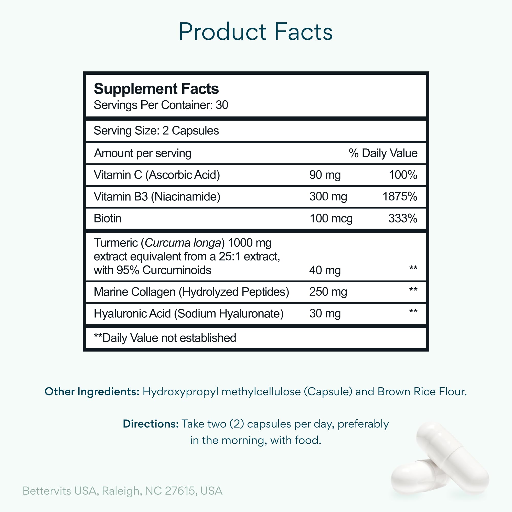 Bettervits Niacinamide Supplement with Vitamin B3, Marine Collagen & Hyaluronic Acid | High-Strength Vitamin B3 Capsules 300 mg. with Turmeric for Energy Metabolism