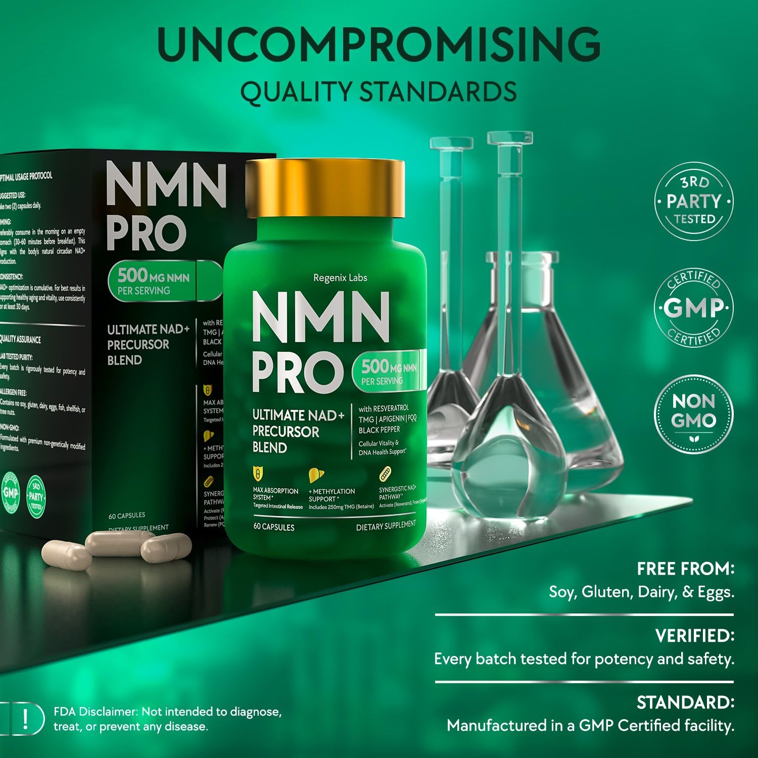 NMN Supplement 500mg - NAD Supplement with Resveratrol, TMG, Apigenin, PQQ, and Black Pepper Extract - 6-in-1 Acid-Resistant Vegan Pills Complex