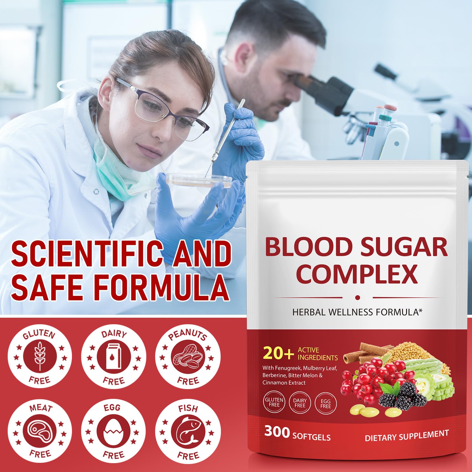 300 Softgels Blood Sugar Complex Supplement | 20+ Active Herbs-Berberine, Cinnamon, Bitter Melon, Mulberry Leaf, Fenugreek, Vitamins for Energy Level
