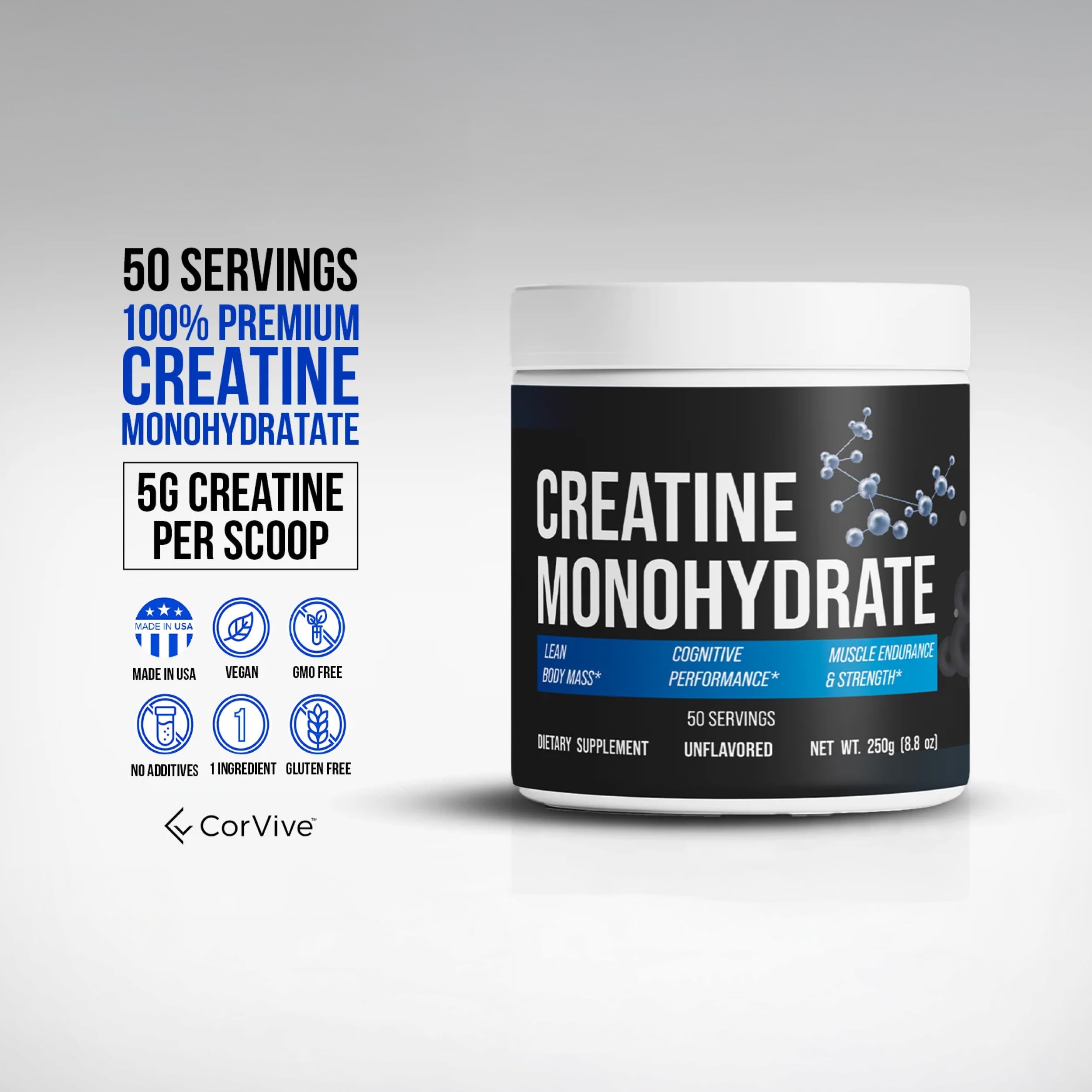 CorVive Creatine Monohydrate - Pure & Unflavored Creatine Powder - Vegan, Gluten Free, No Additives, Non-GMO - Easy-Mix Formula for Strength & Performance Support