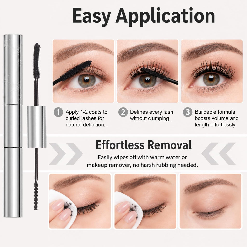 Tubing Mascara for Older Women 60 Plus, Double Ended Black Mascara, Lengthening Volumizing 2-in-1 Mascara for Short Multi-layered Lashes, Smudge Proof Easy Warm Water
