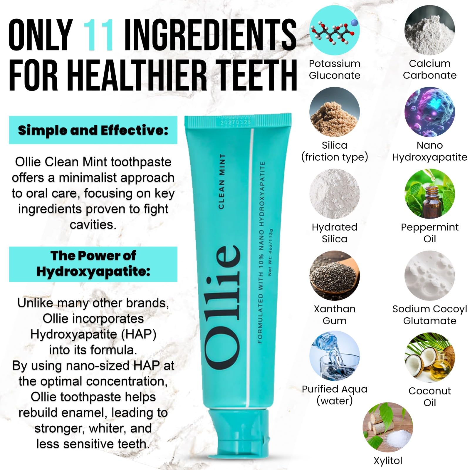 Ollie Fluoride Free 10% Nano Hydroxyapatite Toothpaste for Remineralizing Enamel, Sensitive Teeth & Whitening,