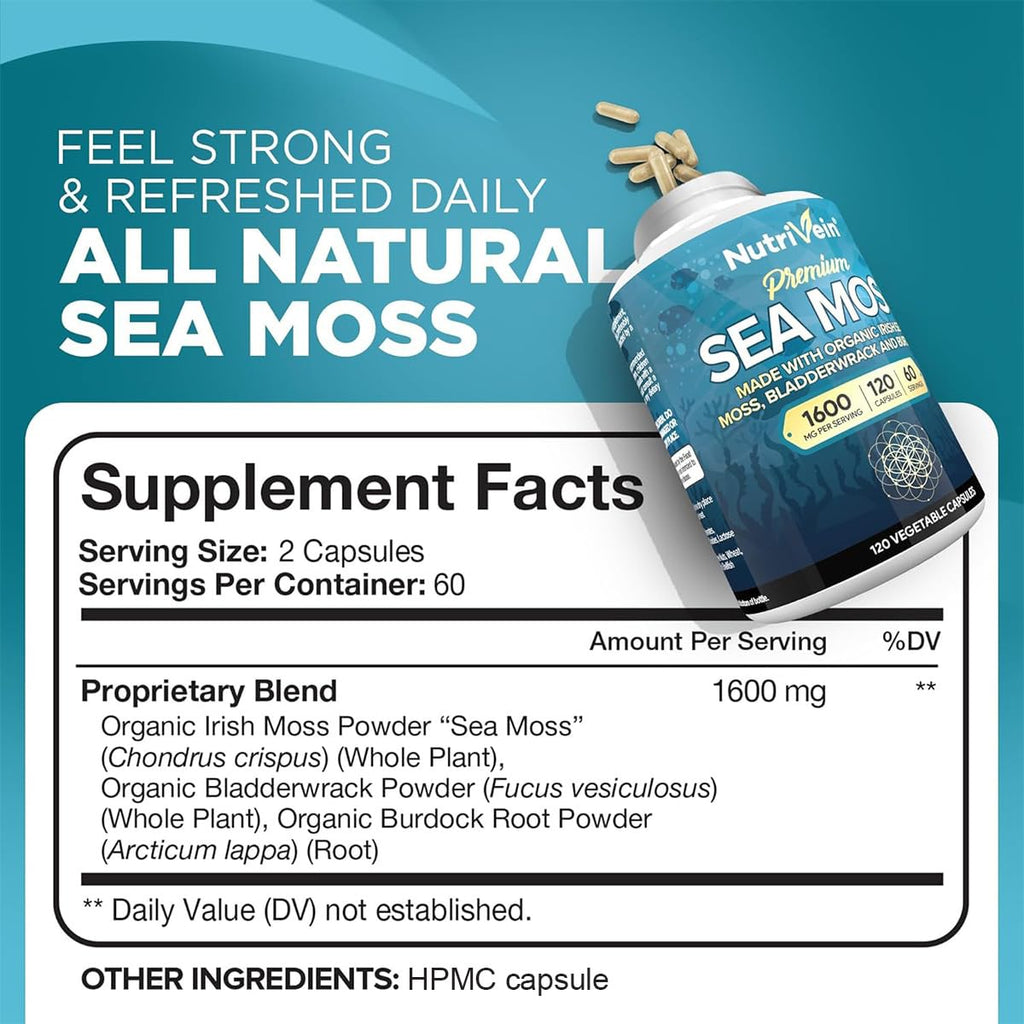 Nutrivein Organic Sea Moss 1600mg Plus Bladderwrack & Burdock - 120 Caps for Adults - Prebiotic Super-Food - Immune System & Digestive Health