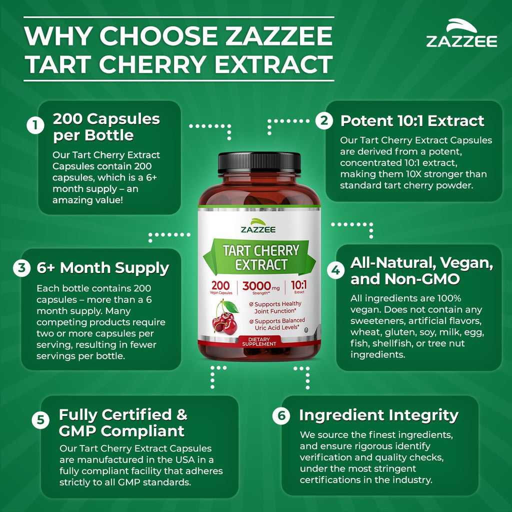 Zazzee Tart Cherry 10:1 Extract, 200 Vegan Capsules, 6+ Month Supply, Montmorency Cherry, Certified Kosher, Joint & Uric Acid Support, Antioxidant Support Formula,