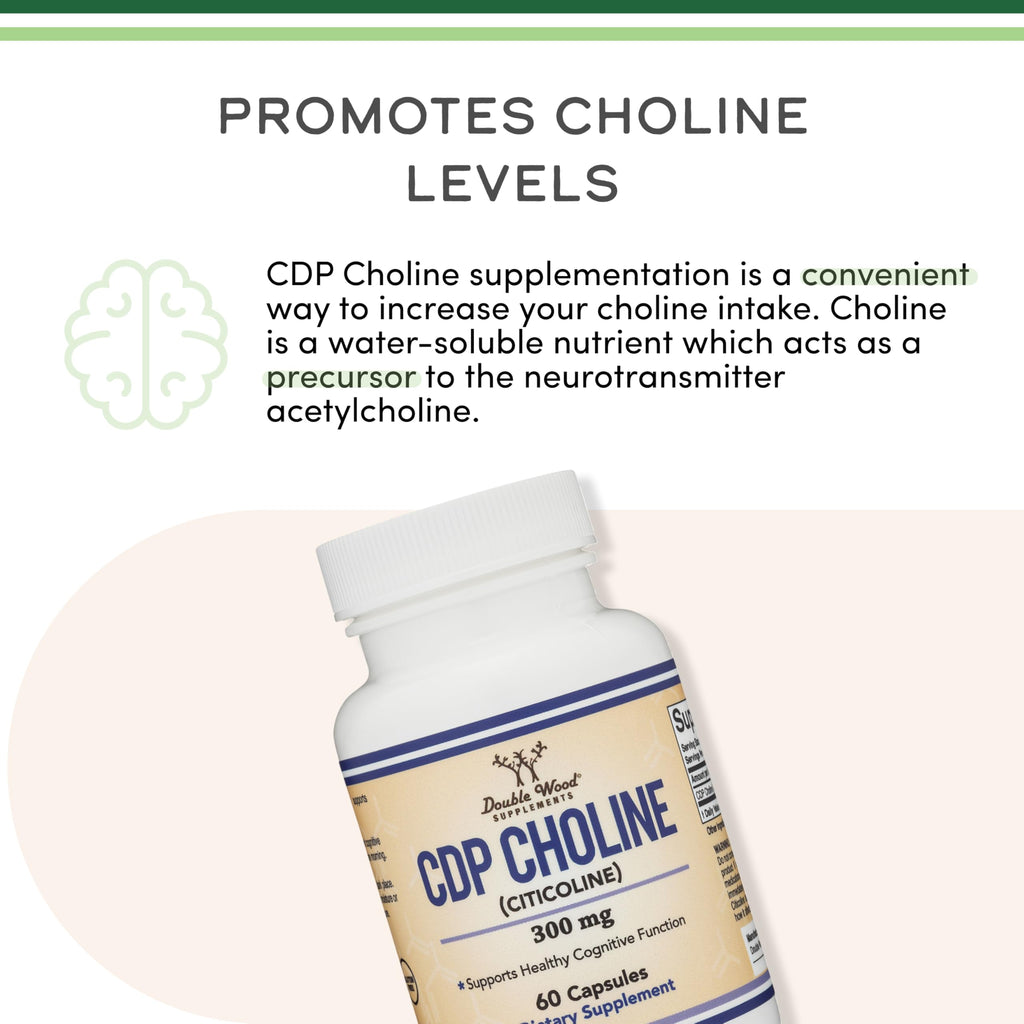 Double Wood Supplements CDP Choline (Citicoline) Supplement, Pharmaceutical Grade, Third Party Tested (60 Capsules 300mg)