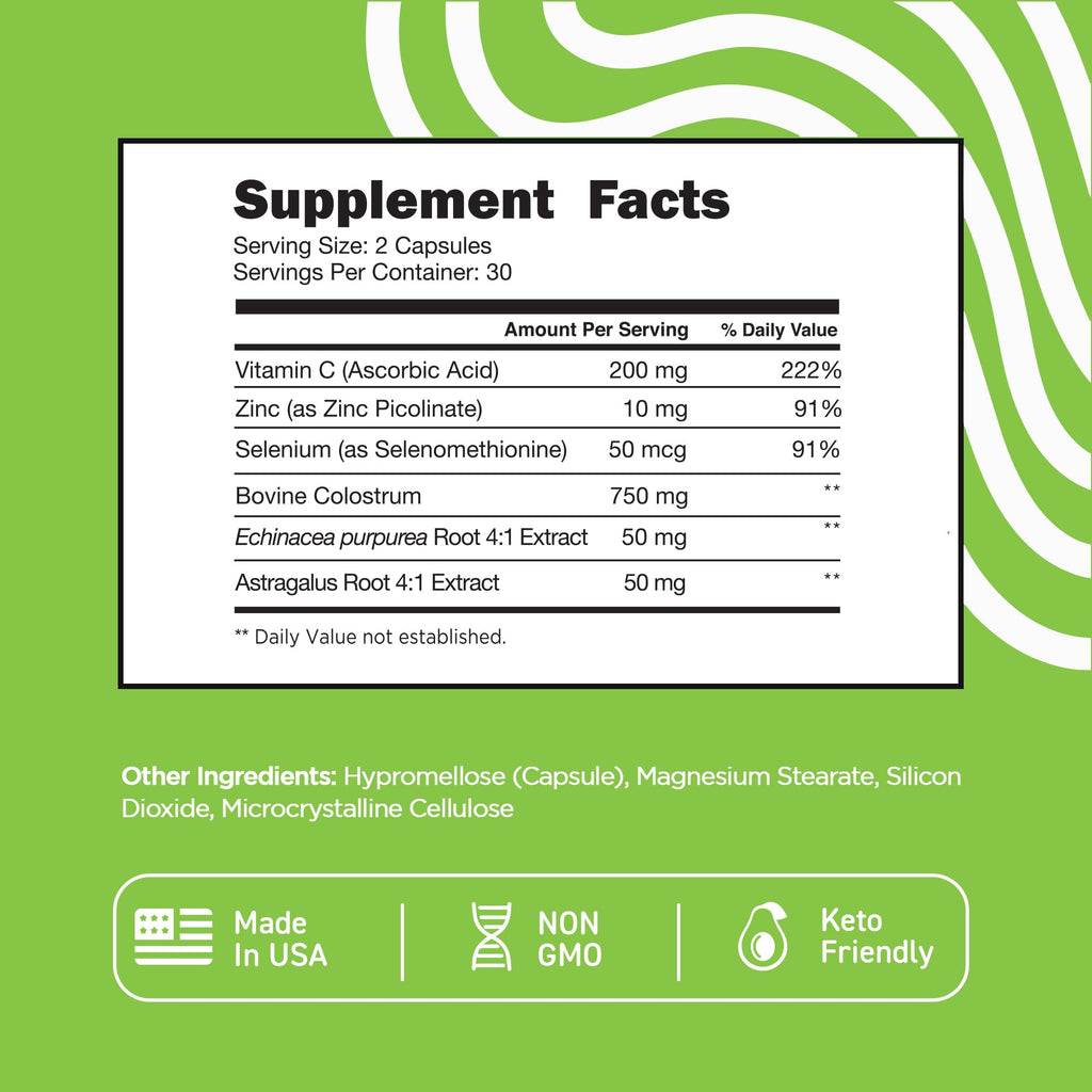 Vital Vitamins Colostrum Supplement - Vitamin C, Zinc, & Selenium - from First Milking - Standardized to Contain 10% IgG Immunoglobulins - Grass-Fed American Cows - 60 Capsules