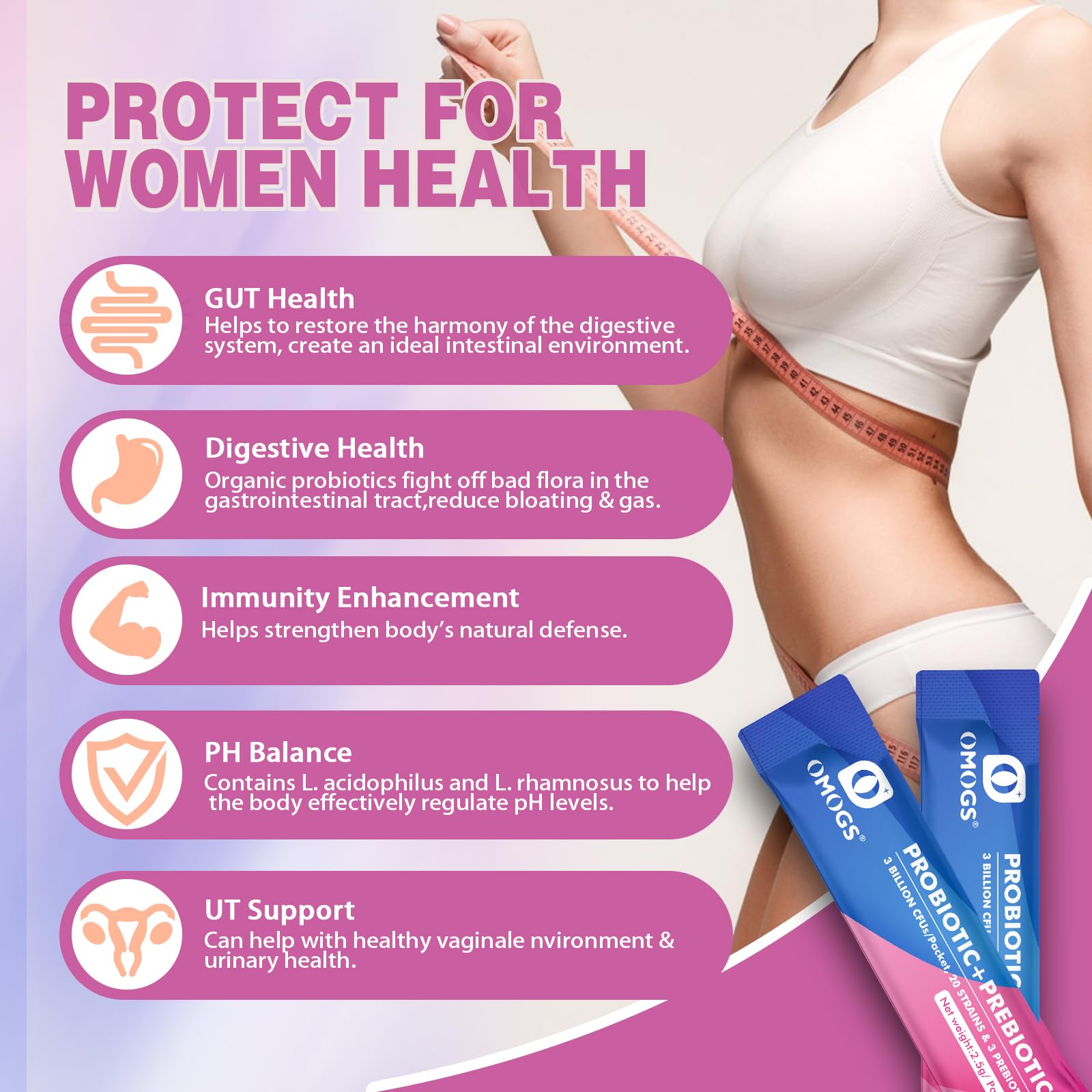 OMOGS Women's Probiotic,120-Billion-CFUs, 18 Strains, with 3 Prebiotics and Cranberry Extract, Help for Immune Booster, Digestive Health, Gut Health and Vaginal Health