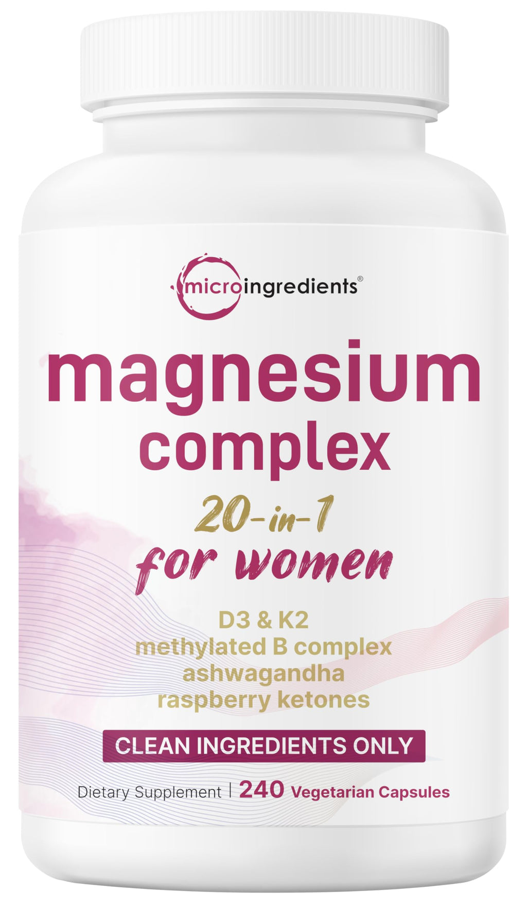 Supplement bottle labeled 'magnesium complex' for women with pink and white design.