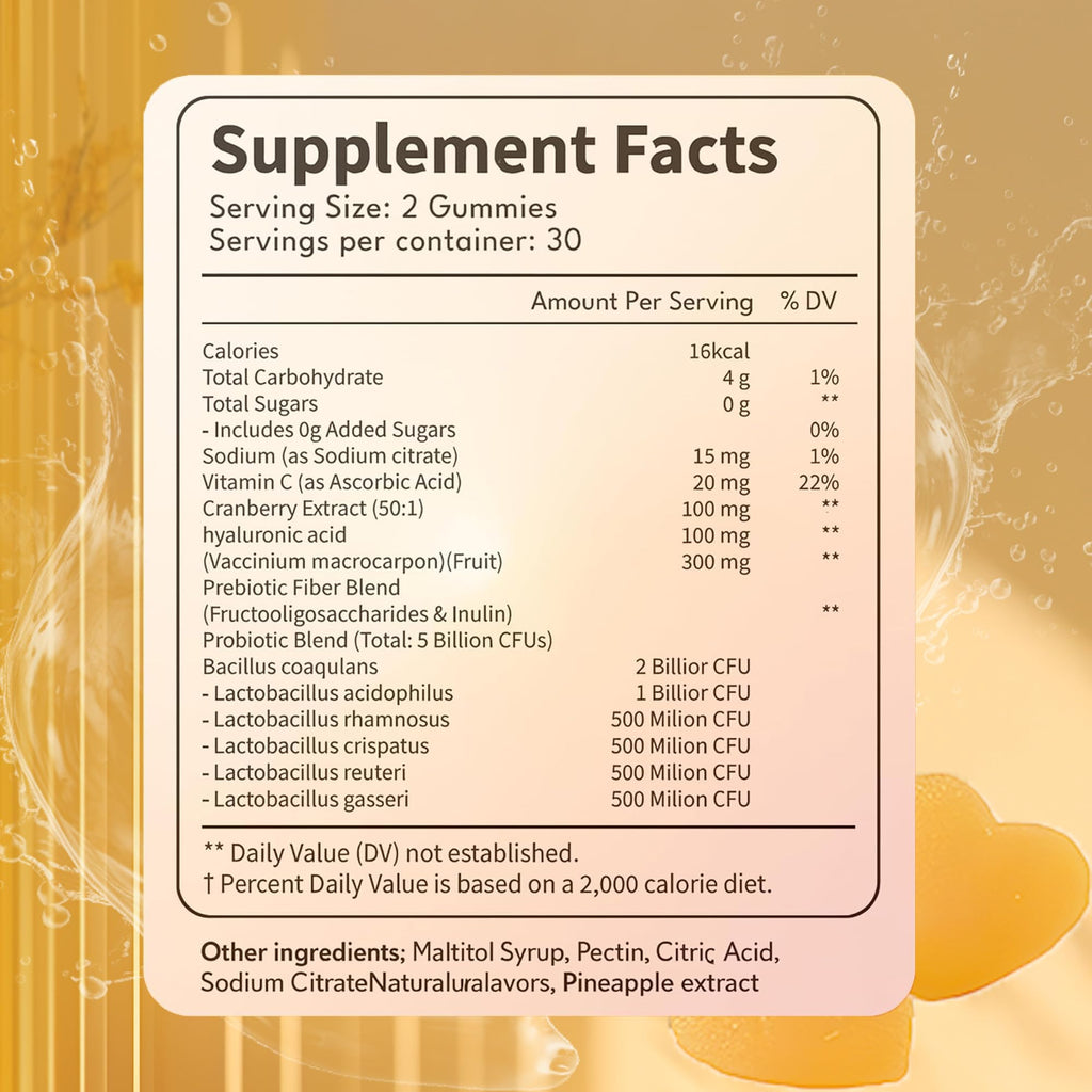 NEWUREHO Probiotic Pineapple Gummies, Hawaiian Pineapple Feminine PH Balance Gummies, Supports Female Vitality and Gut Health 60 Gummies