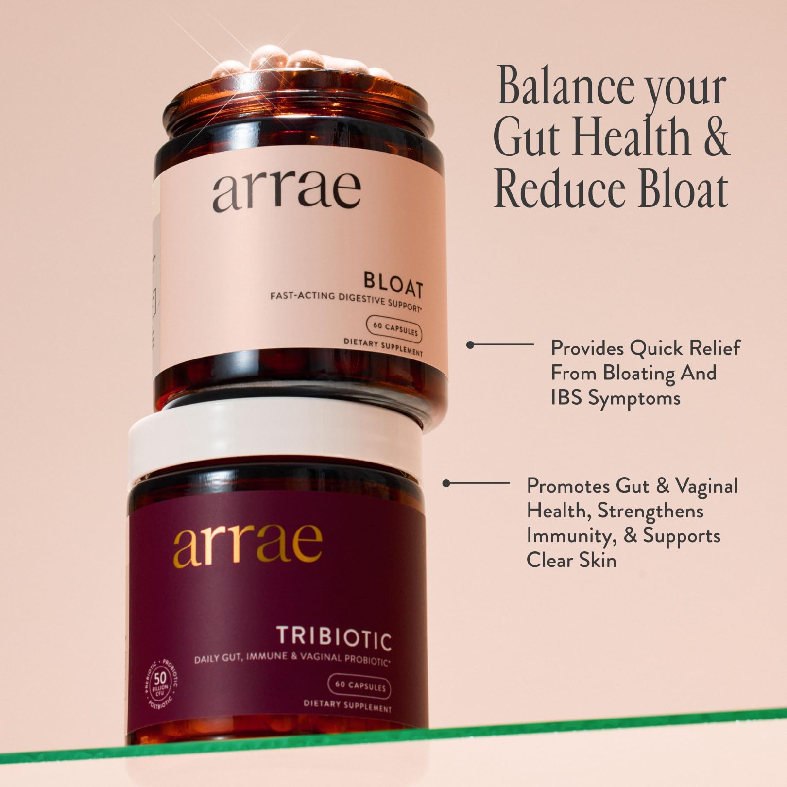 Arrae Fast-Acting Bloating Relief Digestive Enzymes, All Natural Bloat, Gas & Indigestion Relief Capsules, 60 Count