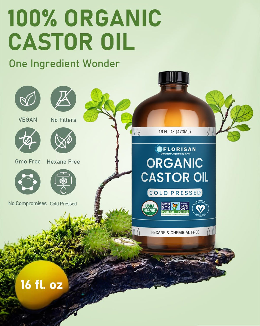 Florisan USDA Certified Organic Castor Oil 16oz Glass Bottle, Cold Pressed, Hexane-Free, Non-GMO, Vegan, 100% Pure Castor Oil for Hair Growth,