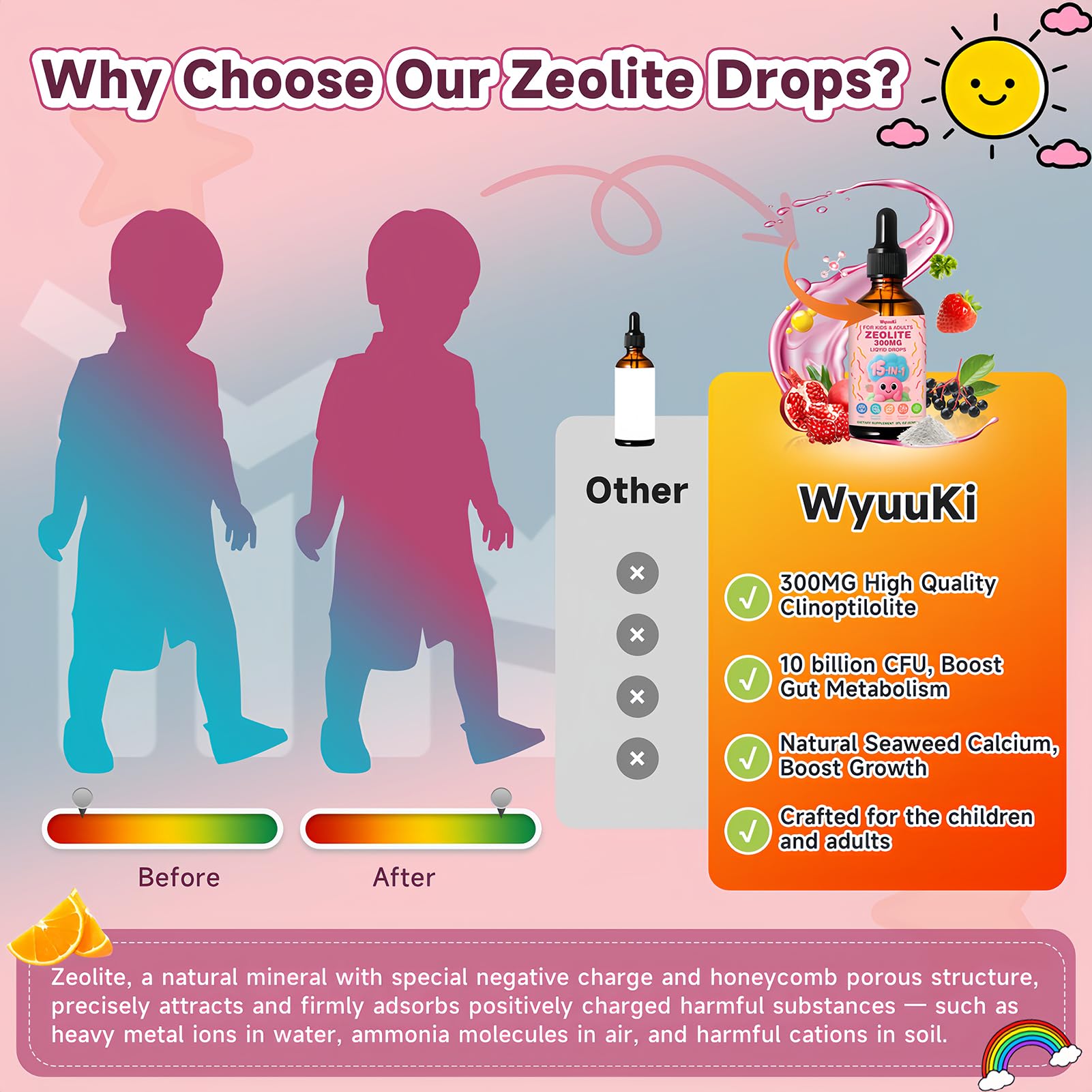 Zeolite Drops 2 Pack Detox for Kids & Adults - 300mg Clinoptilolite, 1000mcg Vitamin B12 C D3, 10 Billion CFU Prebiotics, Seaweed Calcium - Pure Body Cleanse