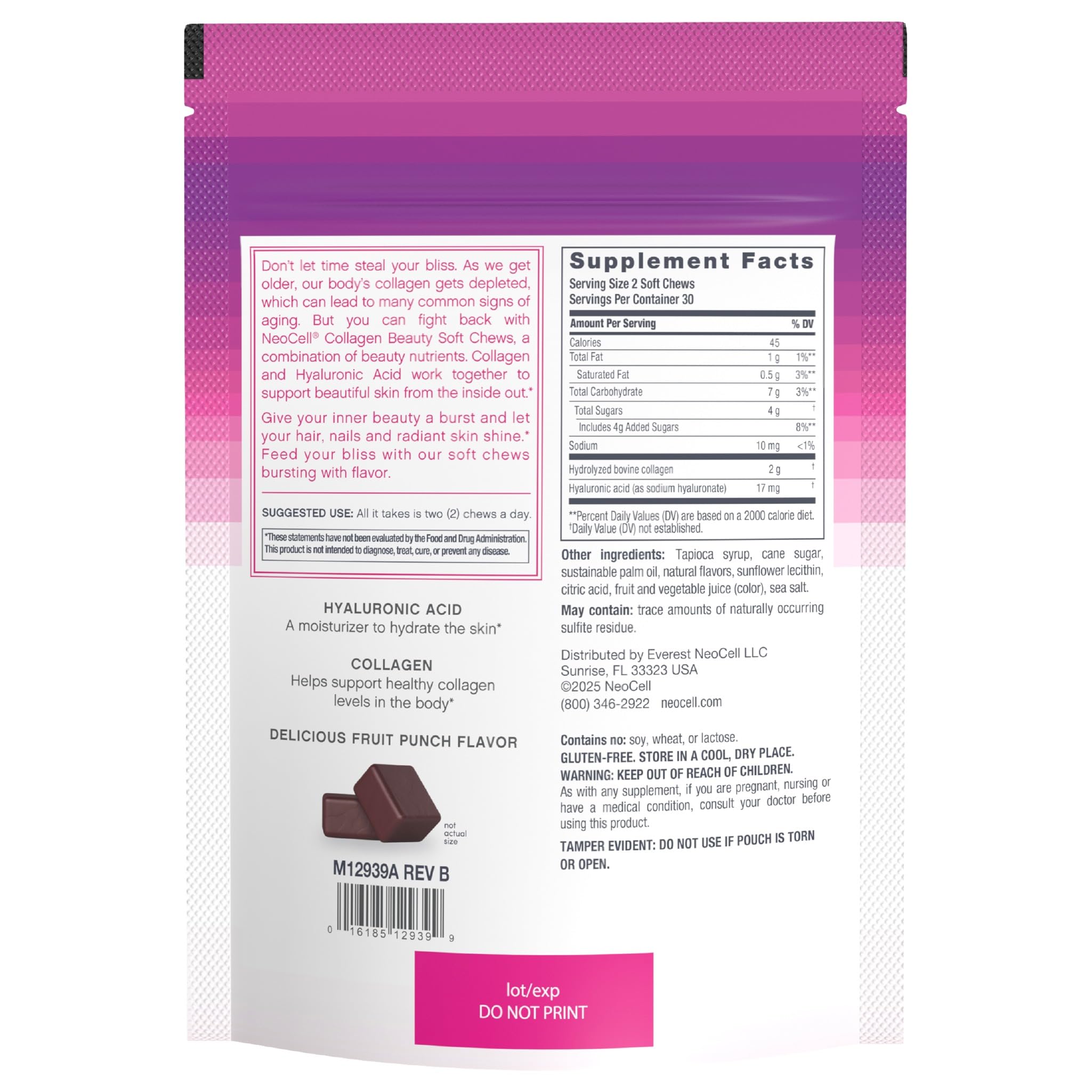 NeoCell Collagen Peptides Soft Chews | 60 Chewables | Beauty Bursts Supplement | with Hyaluronic Acid | Hair, Skin, & Nails | Fruit Punch Flavor