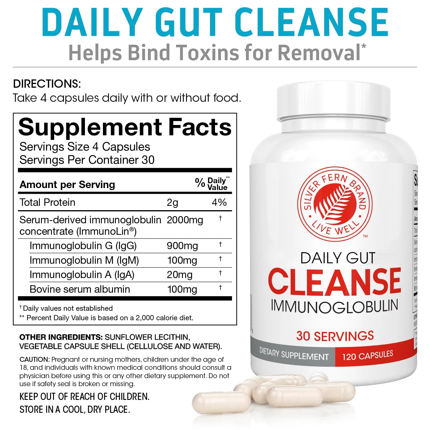 Silver Fern Cleanse - Daily Gut - 1 Bottle - 120 Capsules - 30 Day Supply - Immunoglobulin G, A & M -(IgG, IGA, IgM) - Postbiotic