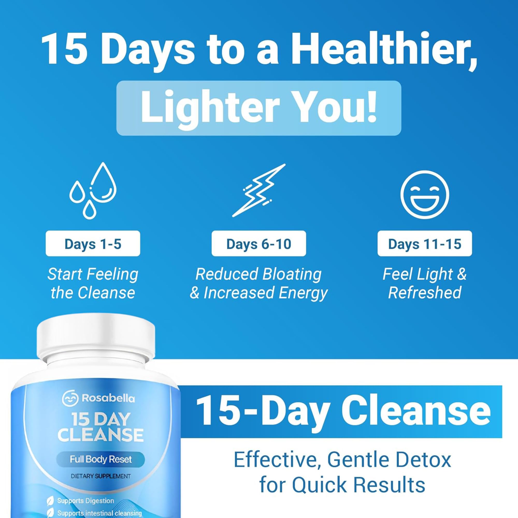 Rosabella 15 Day Cleanse – Full Body Detox & Colon Cleanse for Men & Women – Gut Cleanse Detox Pills for Digestive Health & Bloating Relief