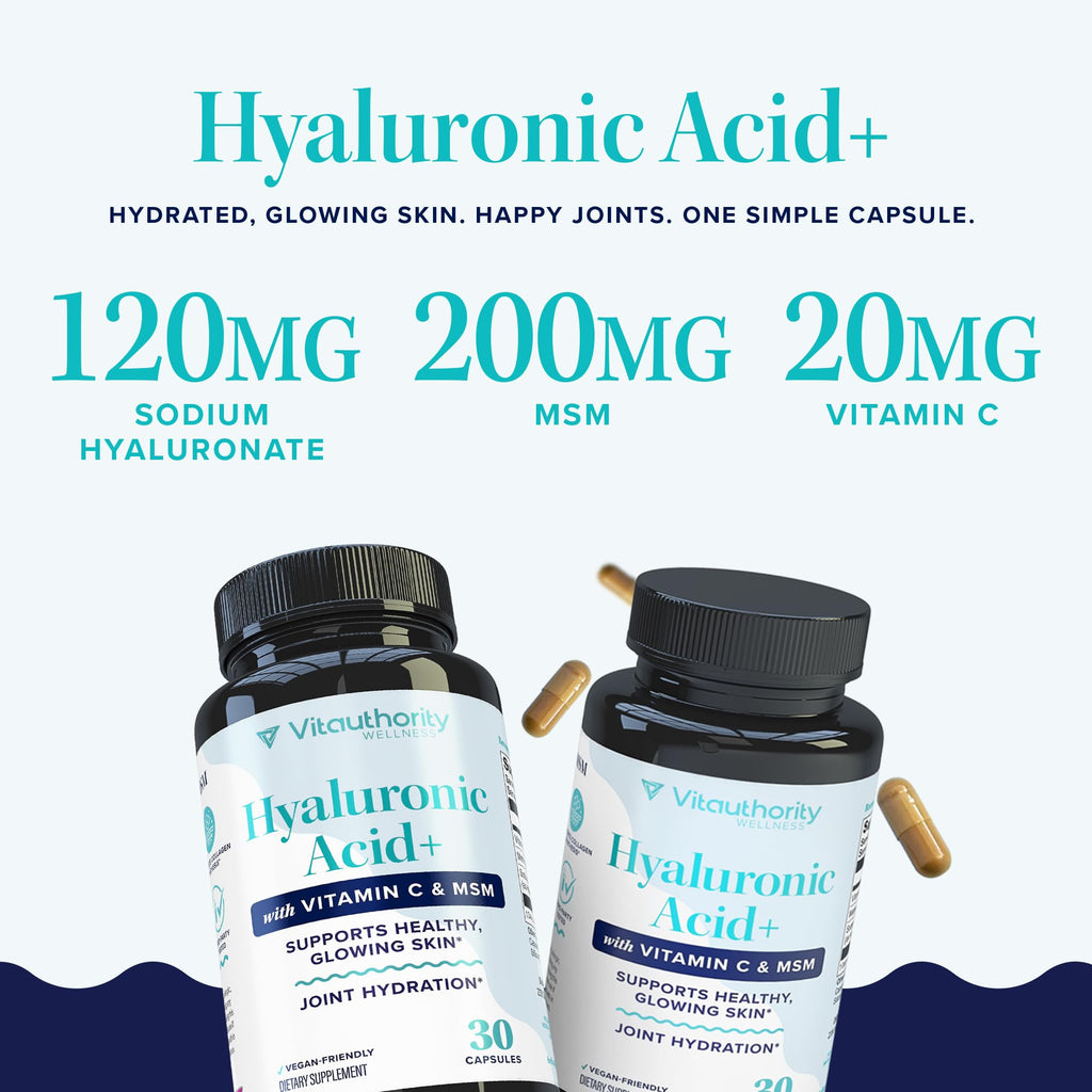 Hyaluronic Acid Capsules with MSM & Vitamin C | 120mg Sodium Hyaluronate | Skin Hydration, Elasticity & Collagen Support | Vegan, Non-GMO
