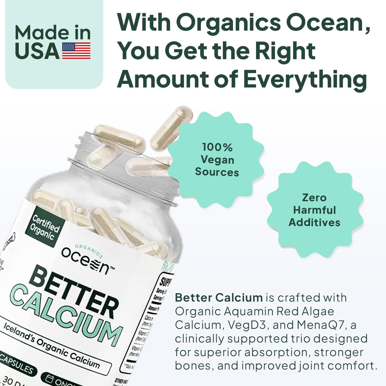 Organics Ocean Better Calcium - Organic Red Algae Calcium with Vitamin D3 and K2 Supplements - Supports Bone Structure, Joint Comfort & Encourages Healthy Aging