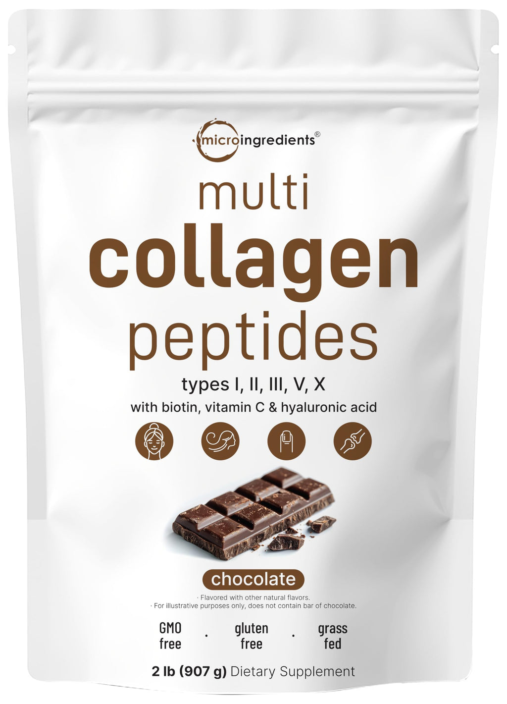 Micro Ingredients Multi Collagen Peptides Powder, 2lb | Type I, II, III, V, X + Biotin, Vitamin C & Hyaluronic Acid | Chocolate Flavor | Supports Hair,