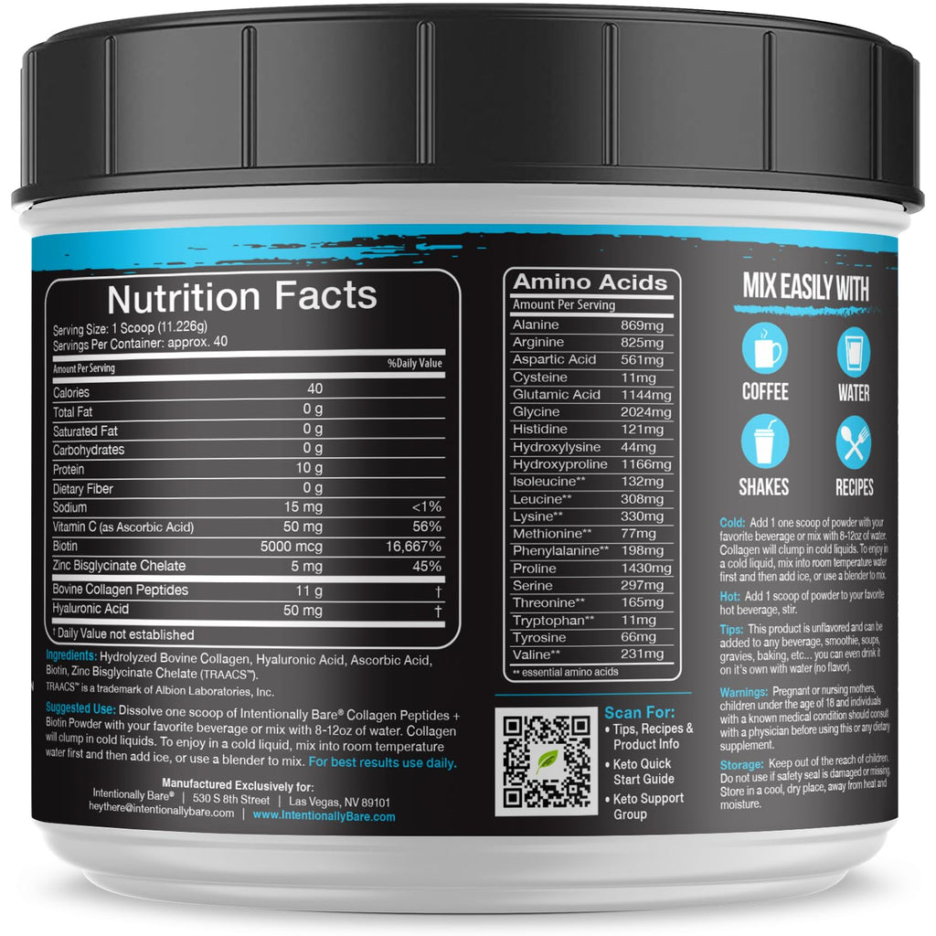 Intentionally Bare Grass Fed Hydrolyzed Collagen Peptides Powder - Bovine Collagen Powder – with Biotin, Hyaluronic Acid, Vitamin C & Zinc - Peptides I & III