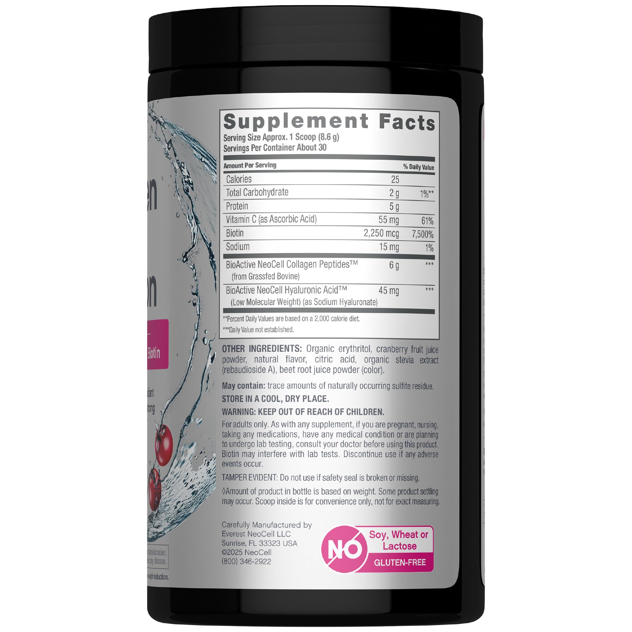 NeoCell Collagen Peptides Powder | 9.1 oz | Grass Fed Bovine | with Biotin and Hyaluronic Acid | Cranberry Cocktail Flavored