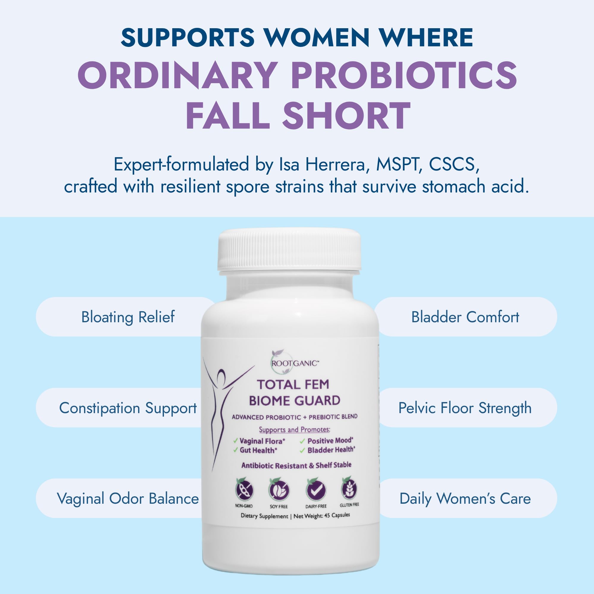 Rootganic Total Fem Biome Guard Pre+Probiotics for Women - Spore-Based Women's Probiotic with Prebiotics for Superior Vaginal Health Supplement and Gut Support - 45 Servings