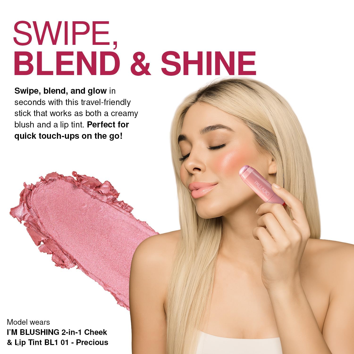 Palladio I'm Blushing 2-in-1 Cheek and Lip Tint, Buildable Lightweight Cream Blush, Sheer Multi Stick Hydrating formula, All day wear, Easy Application, Shimmery, Blends Perfectly onto Skin, Darling