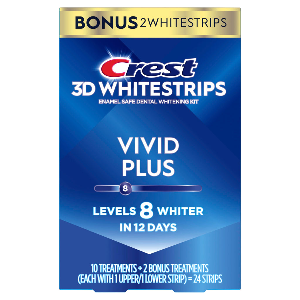 Crest 3D Whitestrips Vivid Plus, Teeth Whitening Strip Kit, 10 Treatments + 2 Bonus Treatments (Each with 1 Upper/1 Lower Strip), 24 Strips
