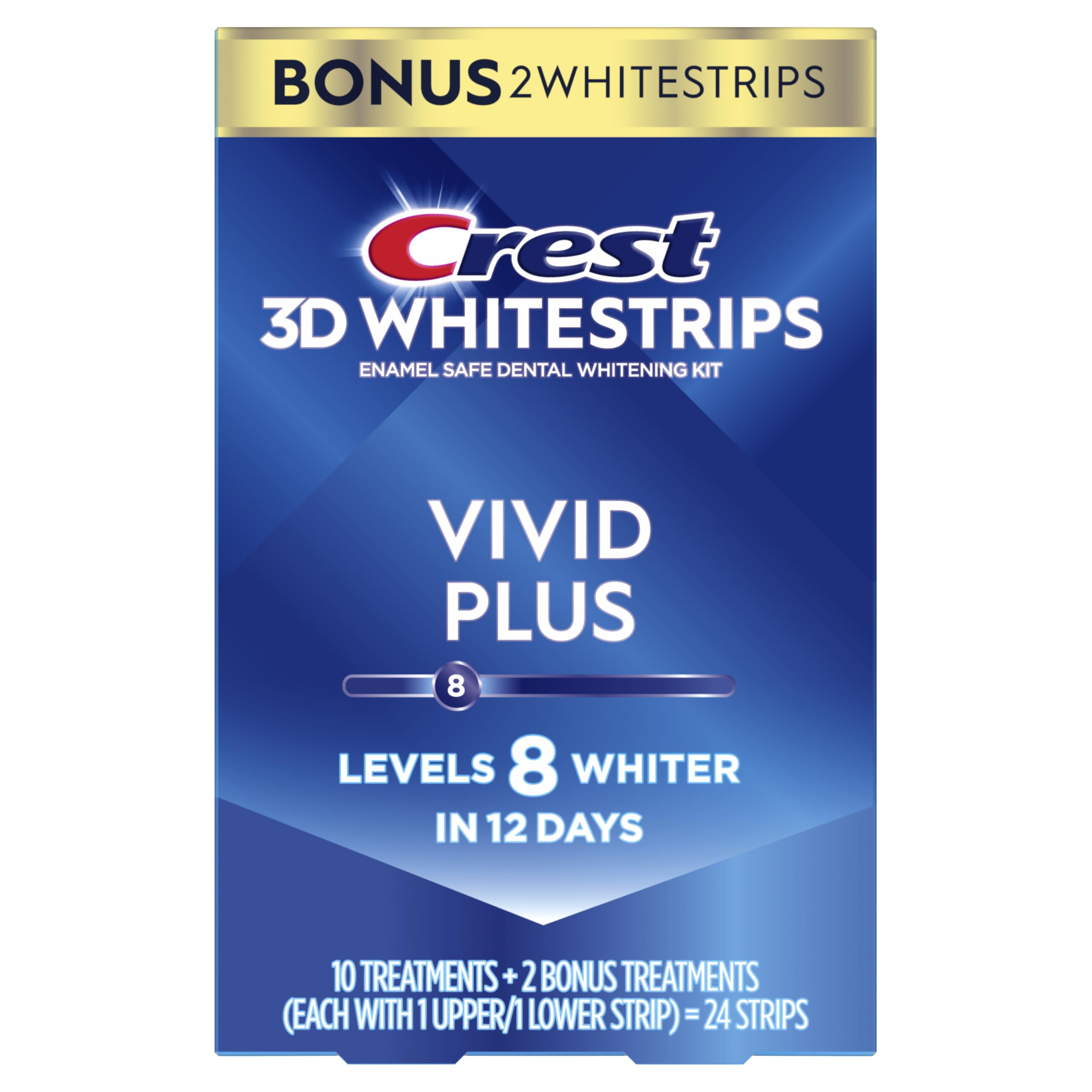 Crest 3D Whitestrips Vivid Plus, Teeth Whitening Strip Kit, 10 Treatments + 2 Bonus Treatments (Each with 1 Upper/1 Lower Strip), 24 Strips