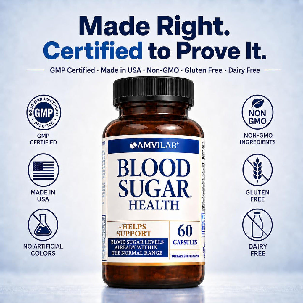 AMVILAB Blood Sugar Health Natural 20 Herbs and Vitamins with Cinnamon, Alpha Lipoic Acid to Support Health, Non-GMO, for Men Women, Supports Healthy Energy Levels