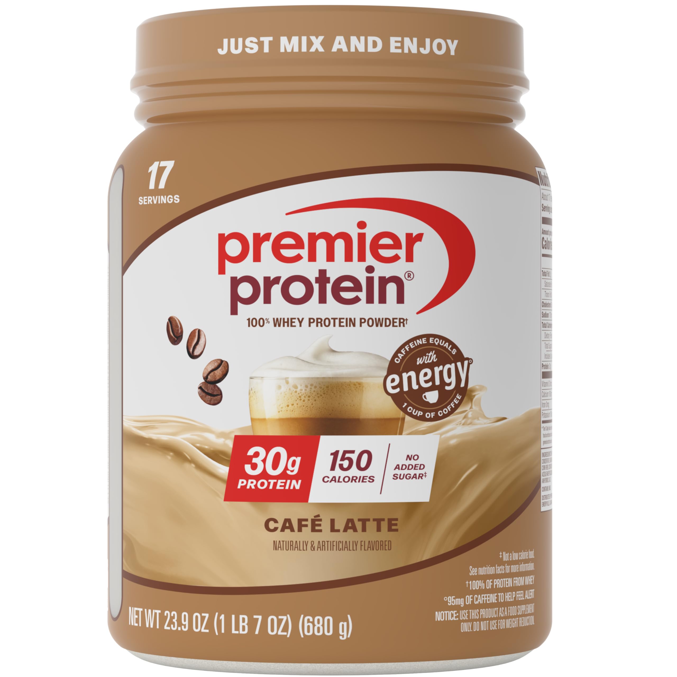 Premier Protein Powder, Café Latte, 30g Protein, 95mg Caffeine for Energy, No Added Sugar, 100% Whey Protein, Keto Friendly