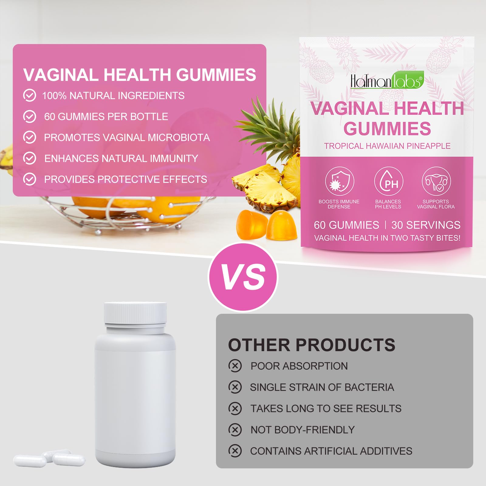 MXCZBSM Vaginal Probiotics for Women, PH Balance for Women, Hawaiian Pineapple Gummies for PH Health, Improve Immune, Women's Vaginal Health Supplement, 180 Gummies