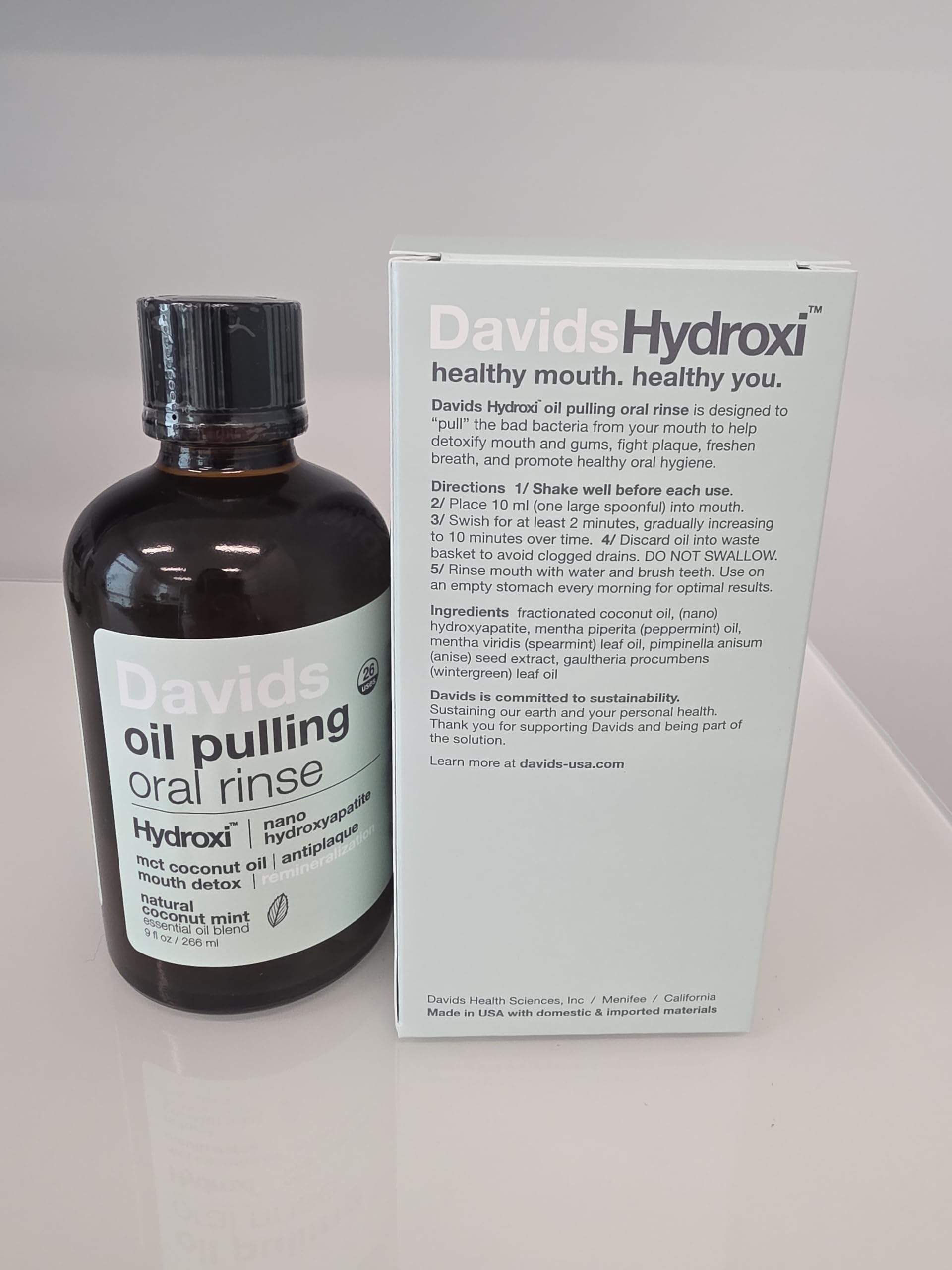 Davids Nano Hydroxyapatite Oil Pulling Oral Rinse Mouthwash, 100% MCT Coconut Oil, Promotes Teeth and Gum Health, Natural Whitening, Essential Oils