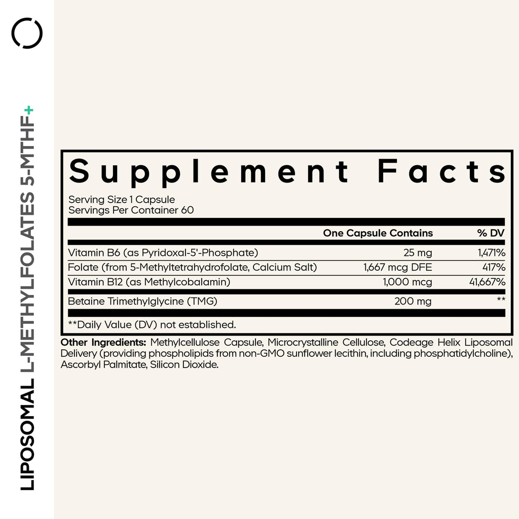Codeage Liposomal L-Methylfolate 5-MTHF+ - Active Vitamin B9, Methylcobalamin B12, Betaine TMG, B6-2-Month Supply Multivitamins - Liposomal Delivery - Bioavailable B-Vitamin Complex - 60 Capsules CodeageBuy Supplements Australia
