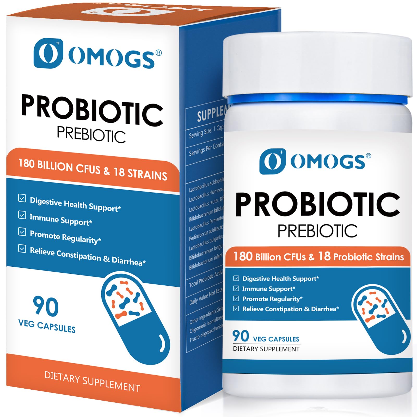 OMOGS Probiotics 180 Billion CFUs 18 Strains, 3 Prebiotics, Helps Digestive, Gut Health, Immune, Supports Occasional Constipation, Diarrhea & Gas