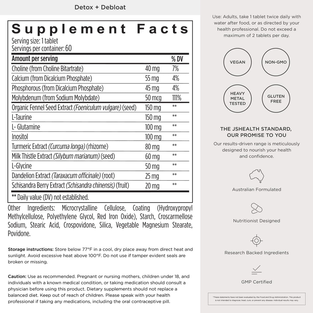 JSHealth Detox + Debloat. Bloating Relief for Women with Milk Thistle, Turmeric, and Fennel. Liver Health and Gut Support.