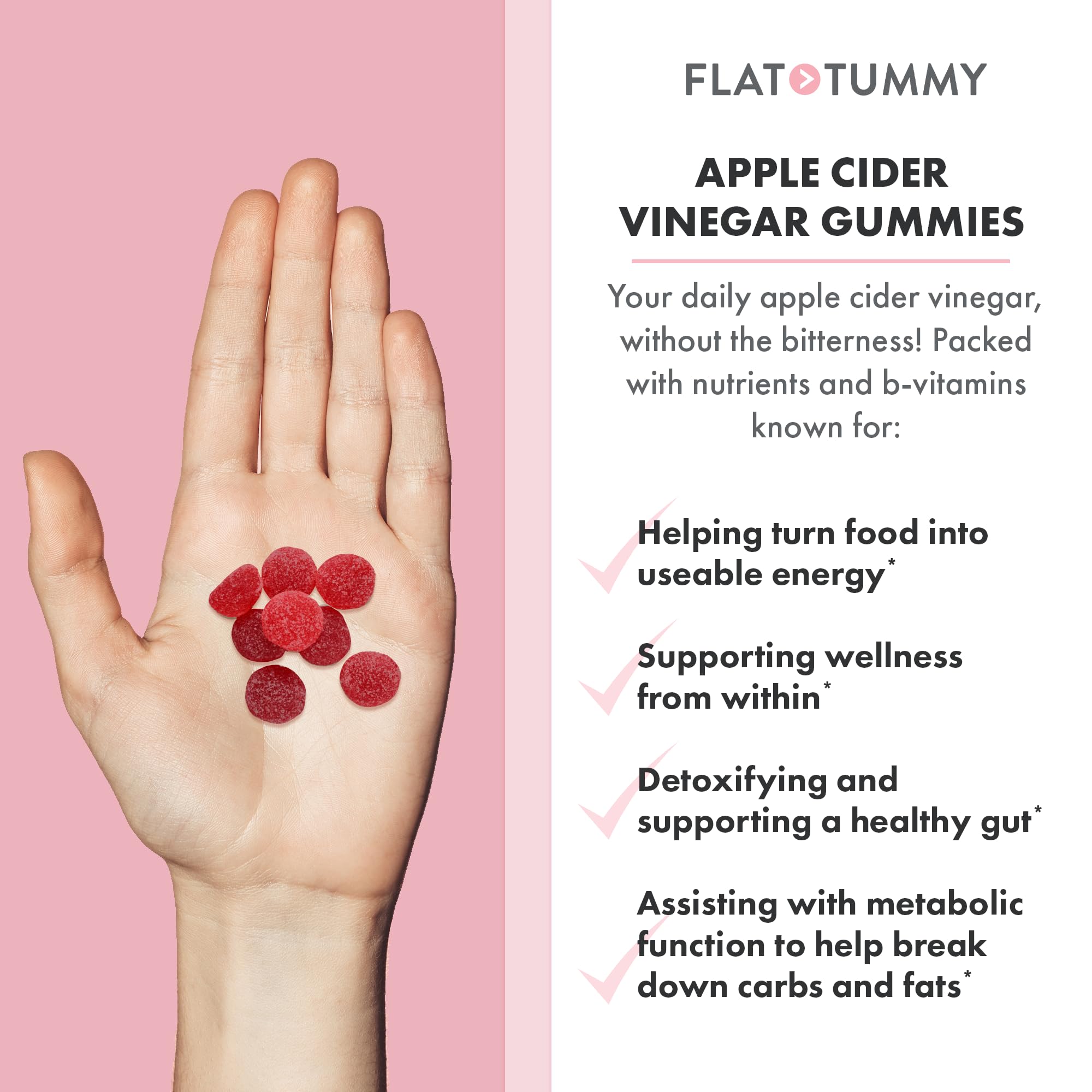 Flat Tummy Apple Cider Vinegar Gummies, 60 Count – ACV Gummies, Detox, Support Gut Health – Vegan-Friendly, Non-GMO - Beet and Pomegranate
