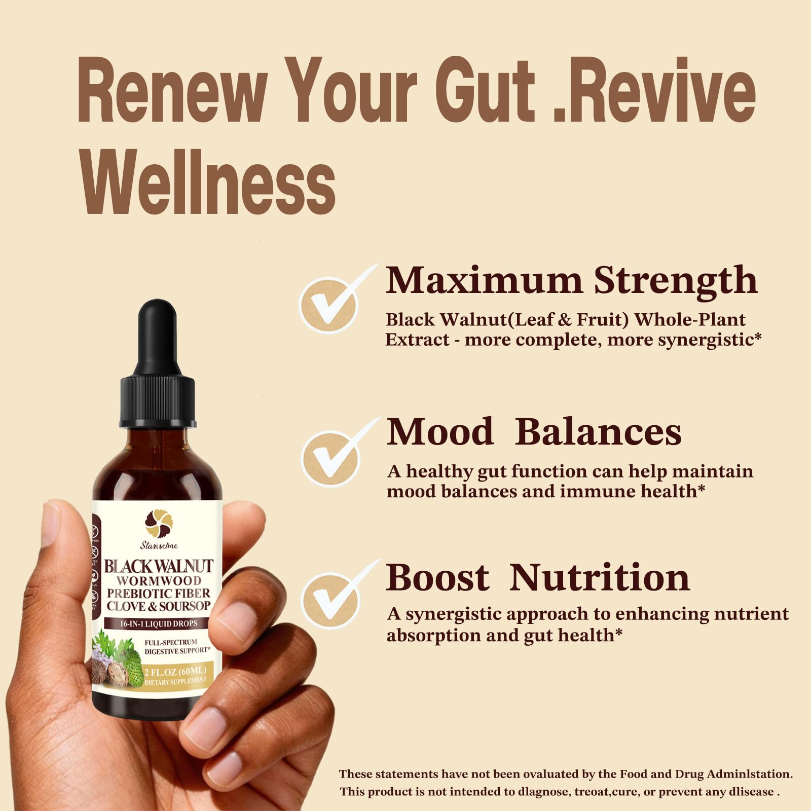 Starisetme Wormwood Black Walnut Cleanse for Humans Tincture – Max Strength Gut Health Prebiotics w/Clove, Soursop,Pumpkin Seed, Plus Vitamins, Minerals for Immune & Mood