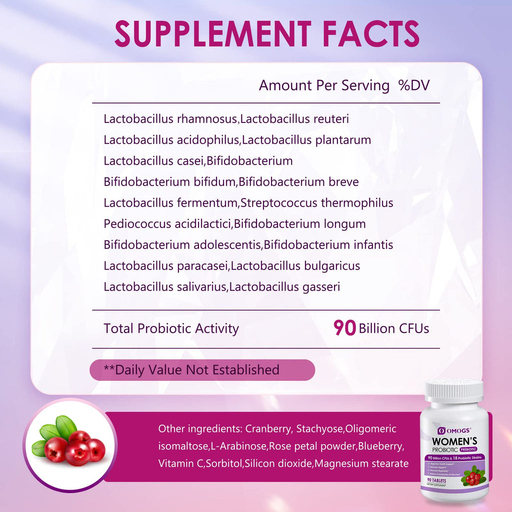 OMOGS 2PCS Women's Probiotic, with Cranberry Extract, Organic Prebiotics & Vitamin C, 90 Billion CFUs,18 Strains, Help for Boost Immune, Digestive, Gut Health & Women's Health,180 Tablets